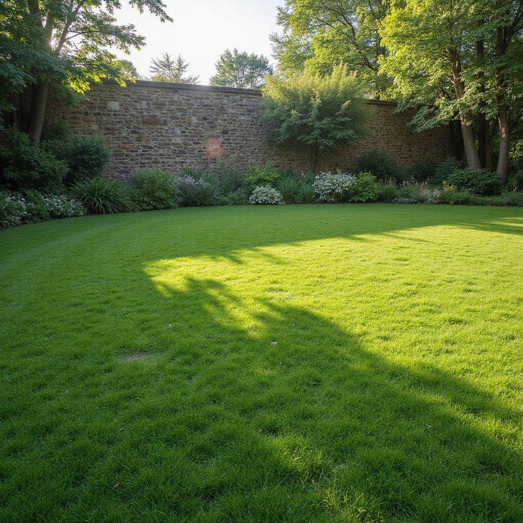 Green lawn in a sunny garden, stone wall in the background, trees on each side.