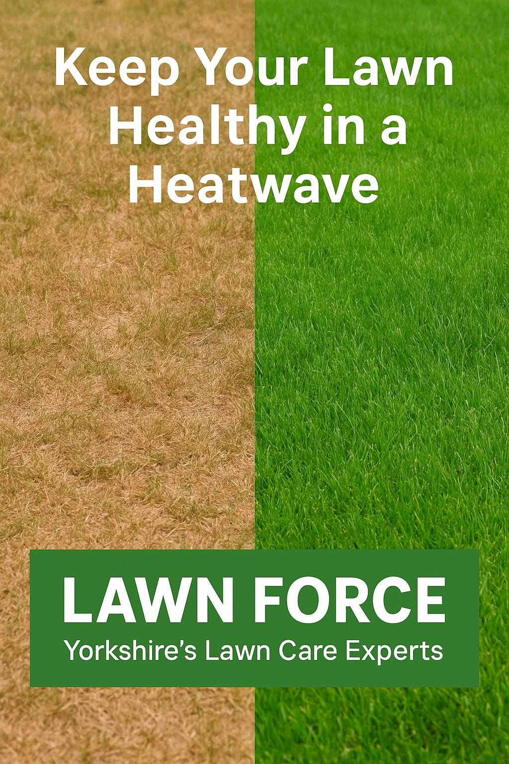 Side-by-side comparison of a dead, brown lawn vs. a healthy, green lawn, promoting Lawn Force lawn care.