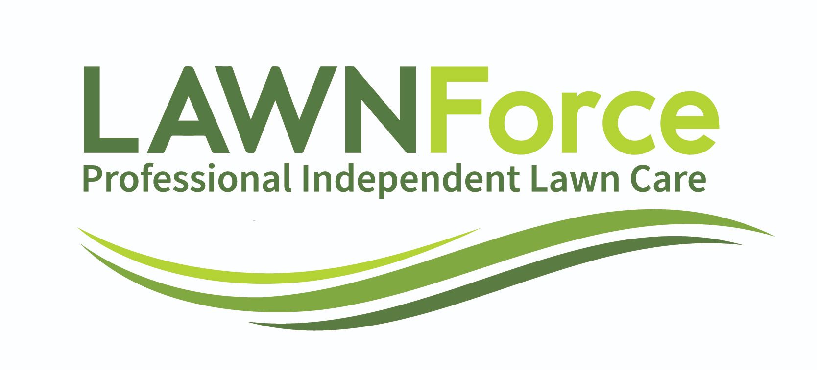 Logo for LawnForce, a lawn care service. Green text, stylized grass below.