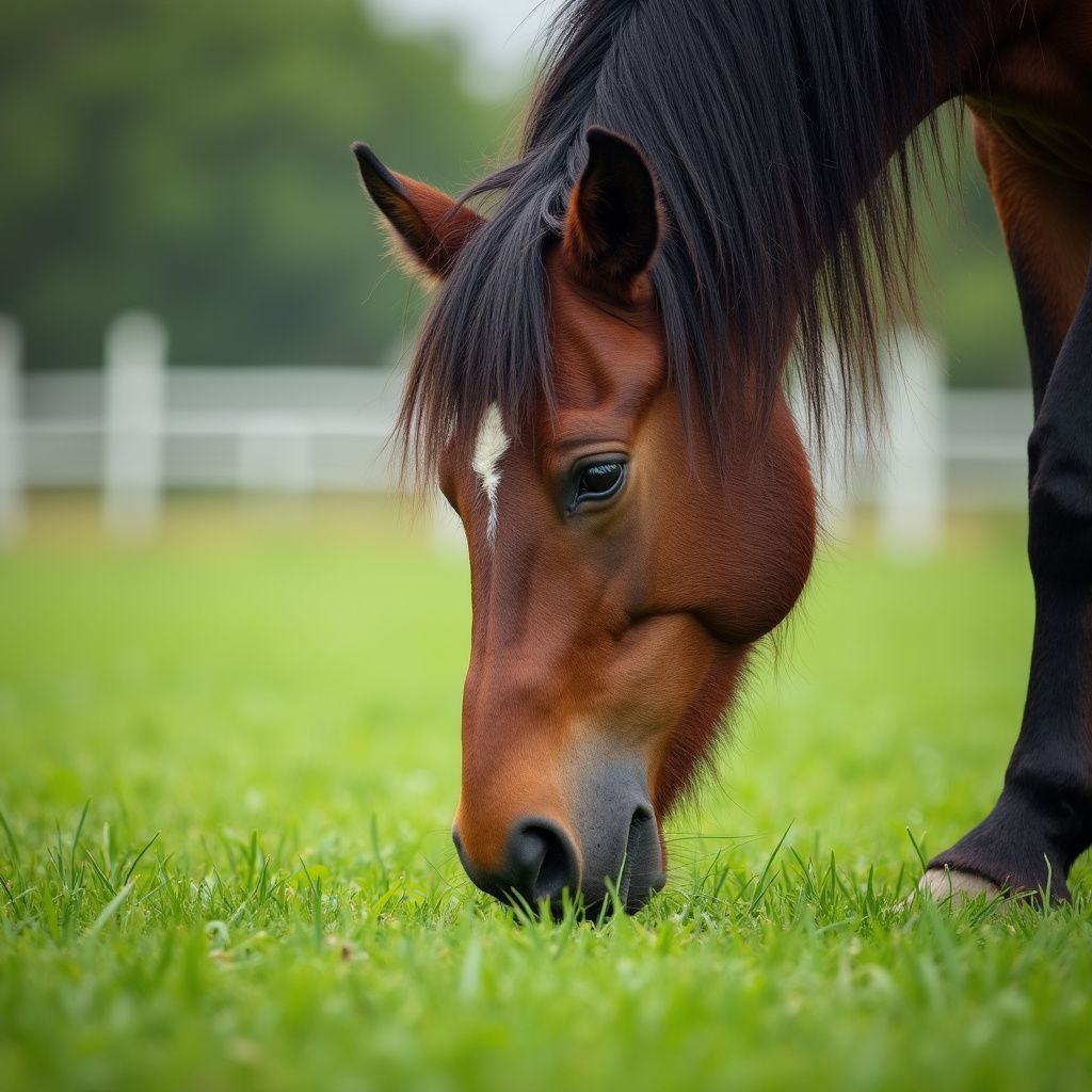 Brown horse grazing on green grass, with white fence in background.