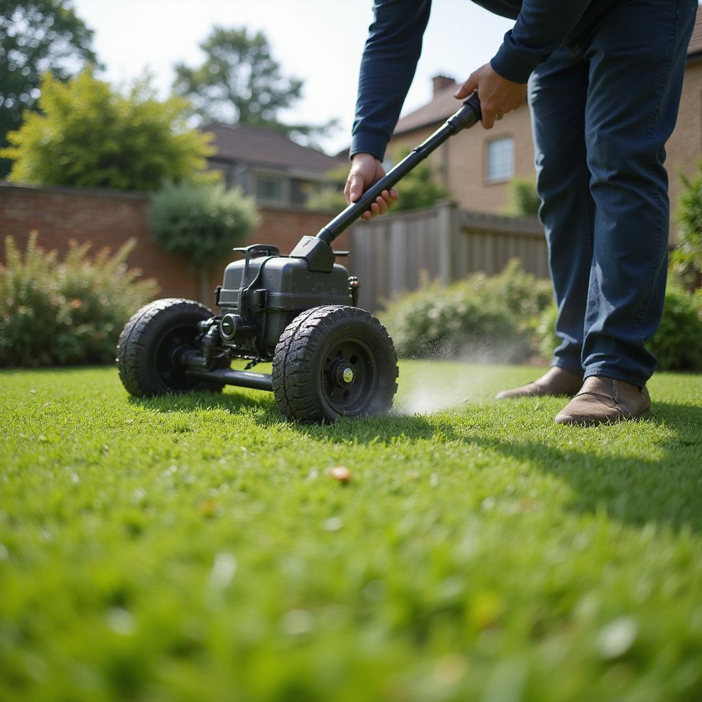 Person using a wheeled lawn sprayer on a green lawn, spraying a white mist.