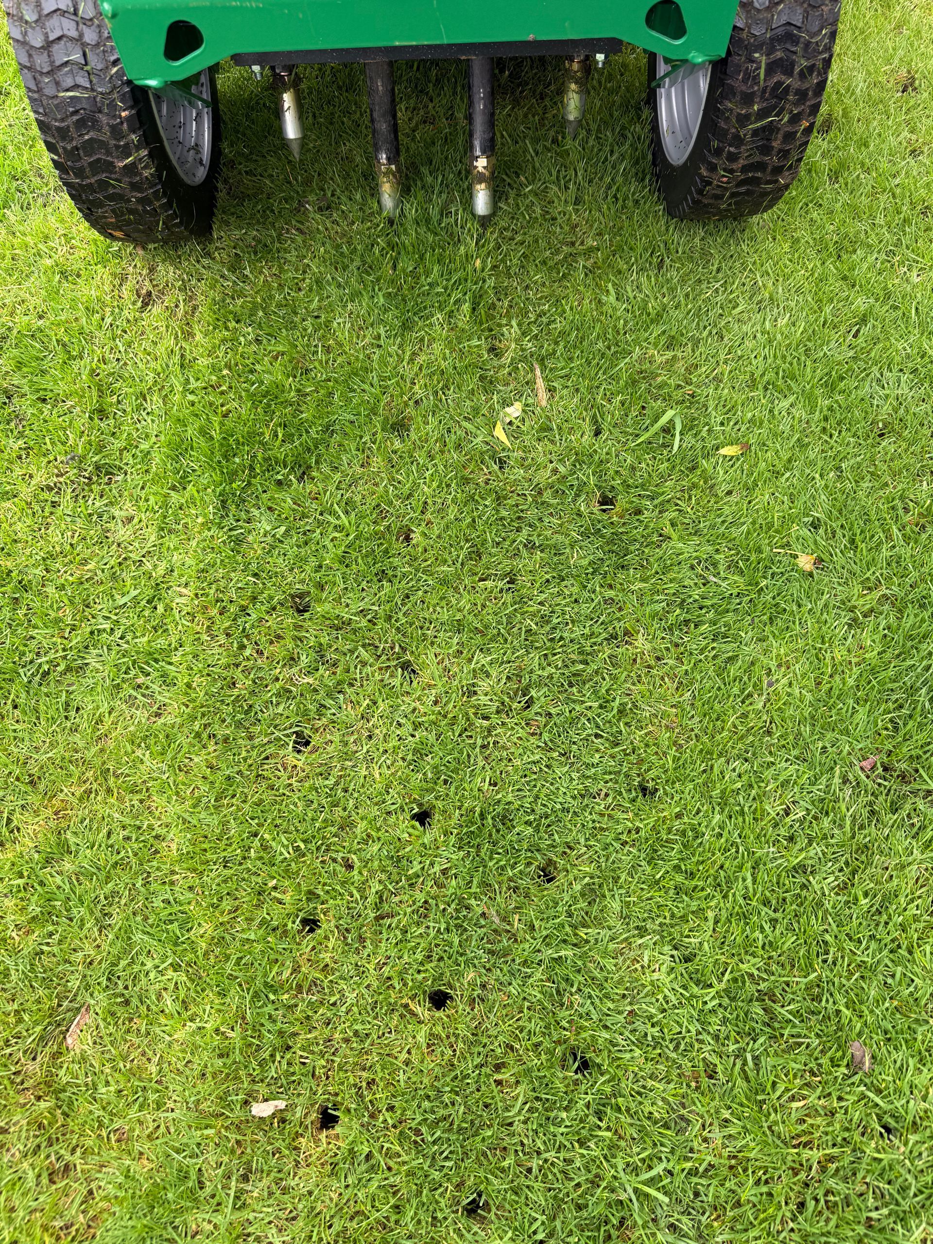 Green lawn with aeration machine creating holes.