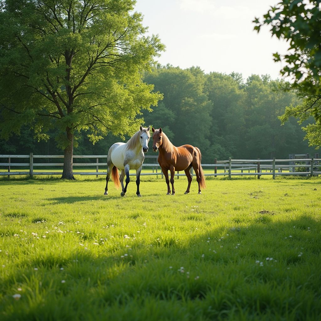 Two horses, white and brown, stand in a sunny green pasture near a wooden fence and trees.