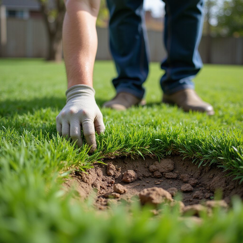 Person in gloves tending to a hole in a grassy lawn.