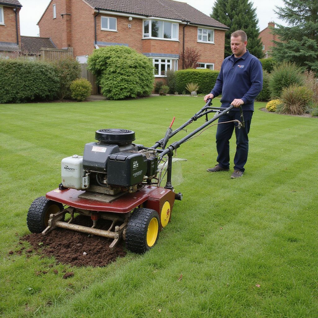 Man operating a lawn aerator on a green lawn in front of a house.