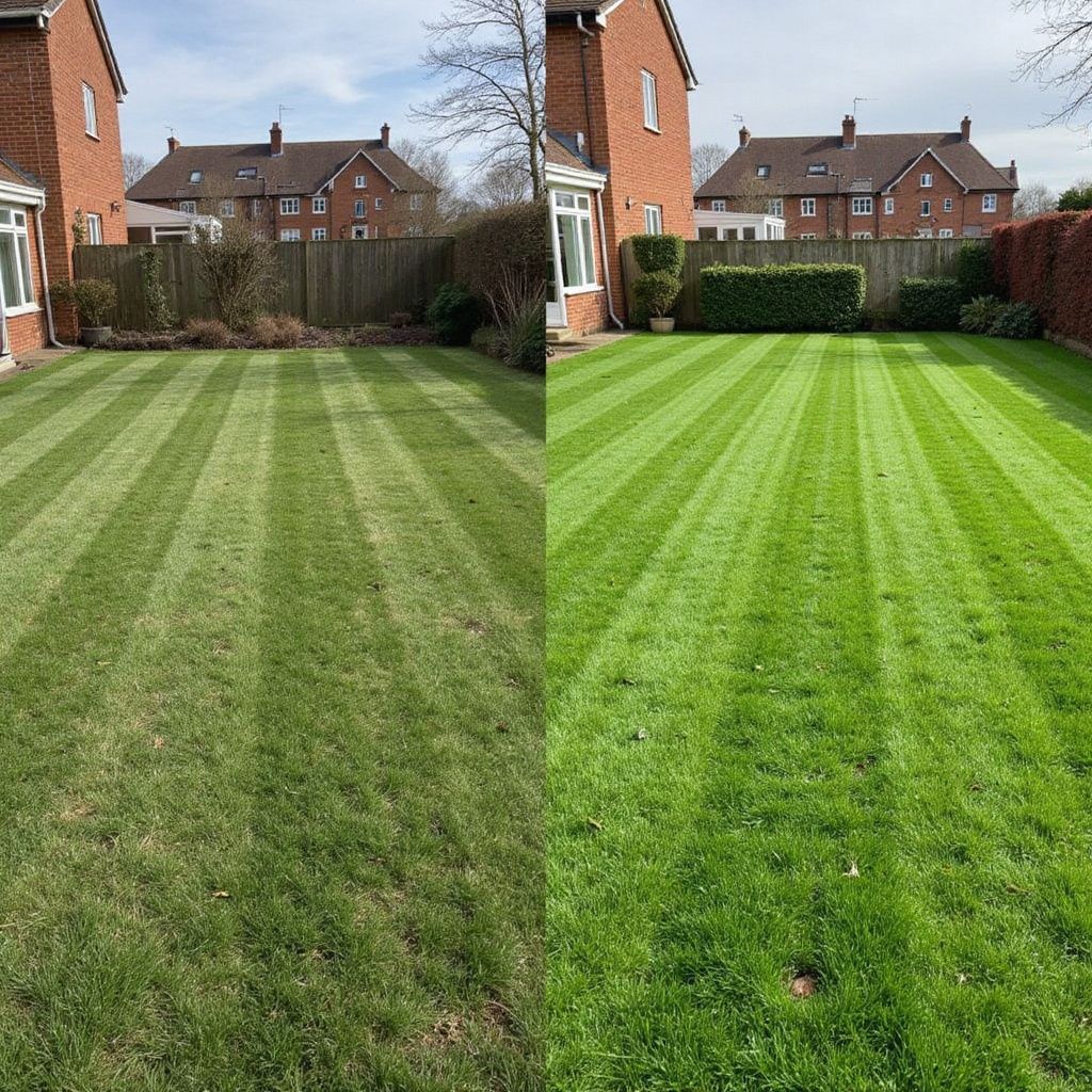 Two side-by-side images of a lawn; one before mowing, one after. The grass has been cut, creating stripes.