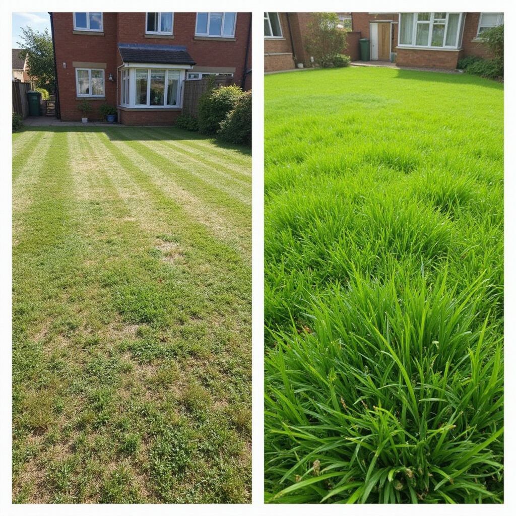 Two lawns: one mowed with stripes, one unkempt and overgrown. Exterior house visible.