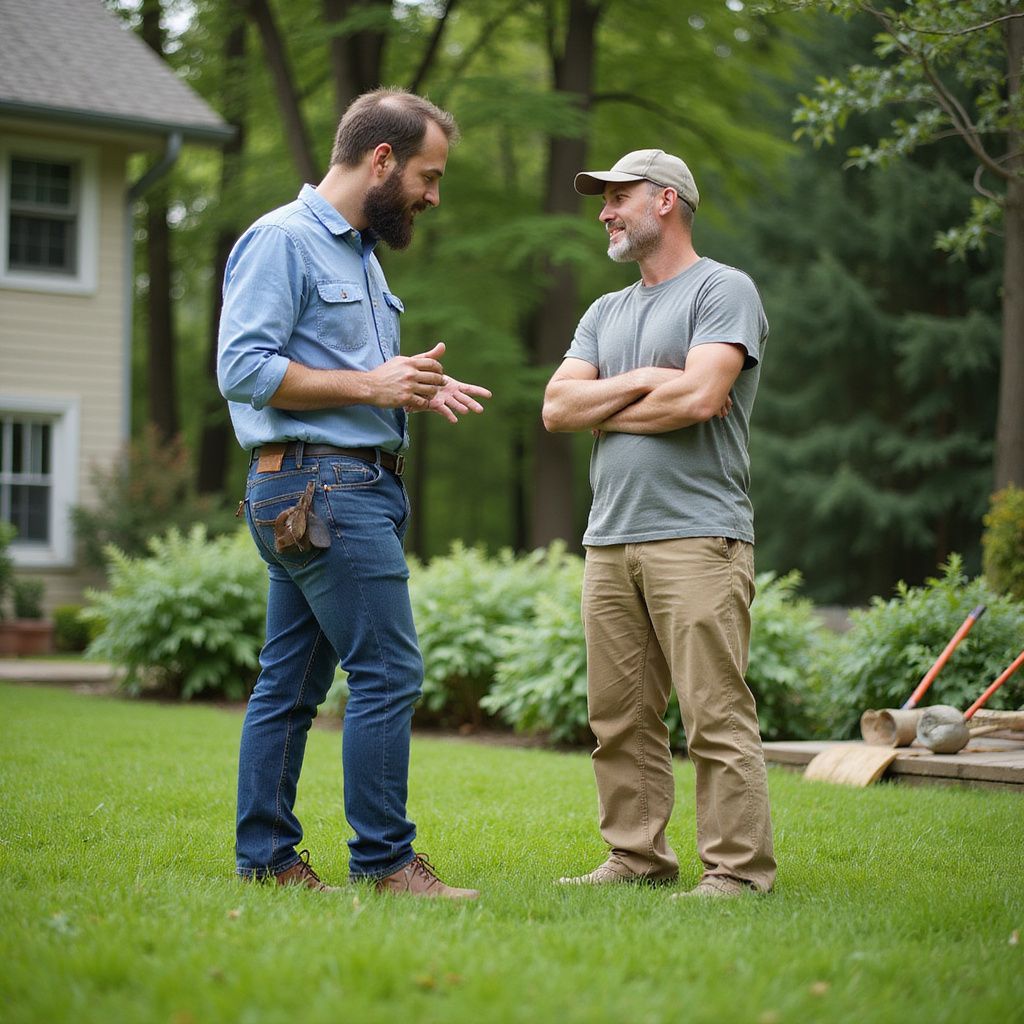 Two men talking in a grassy yard. One gestures, wearing blue shirt and jeans. The other has arms crossed, wearing a hat, 