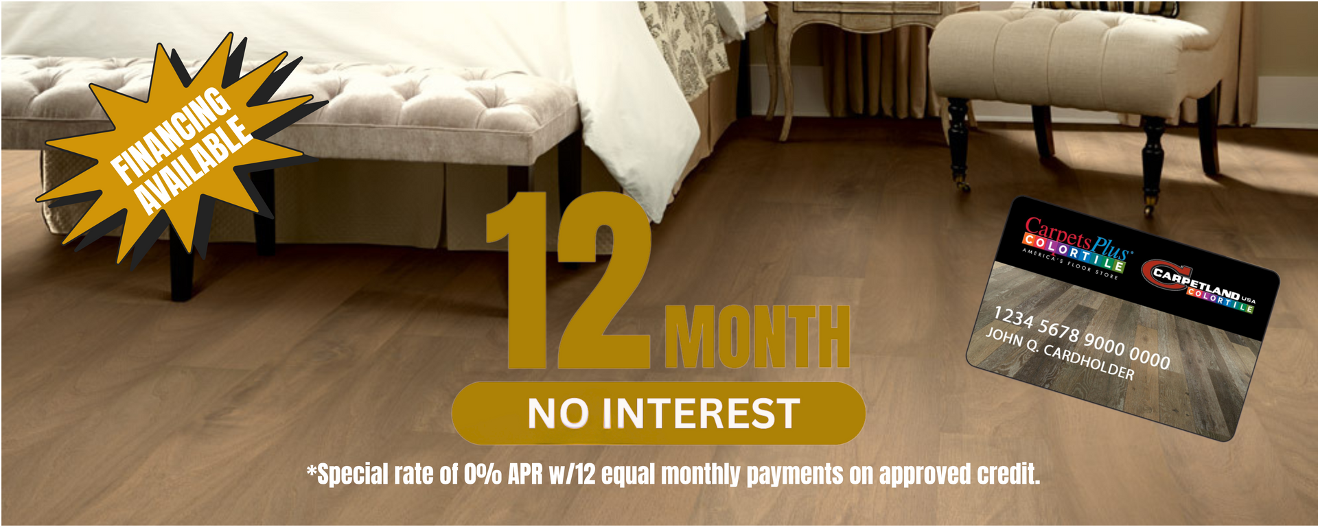 Furniture store advertisement: 12-month no-interest financing offer. Furnishings available.