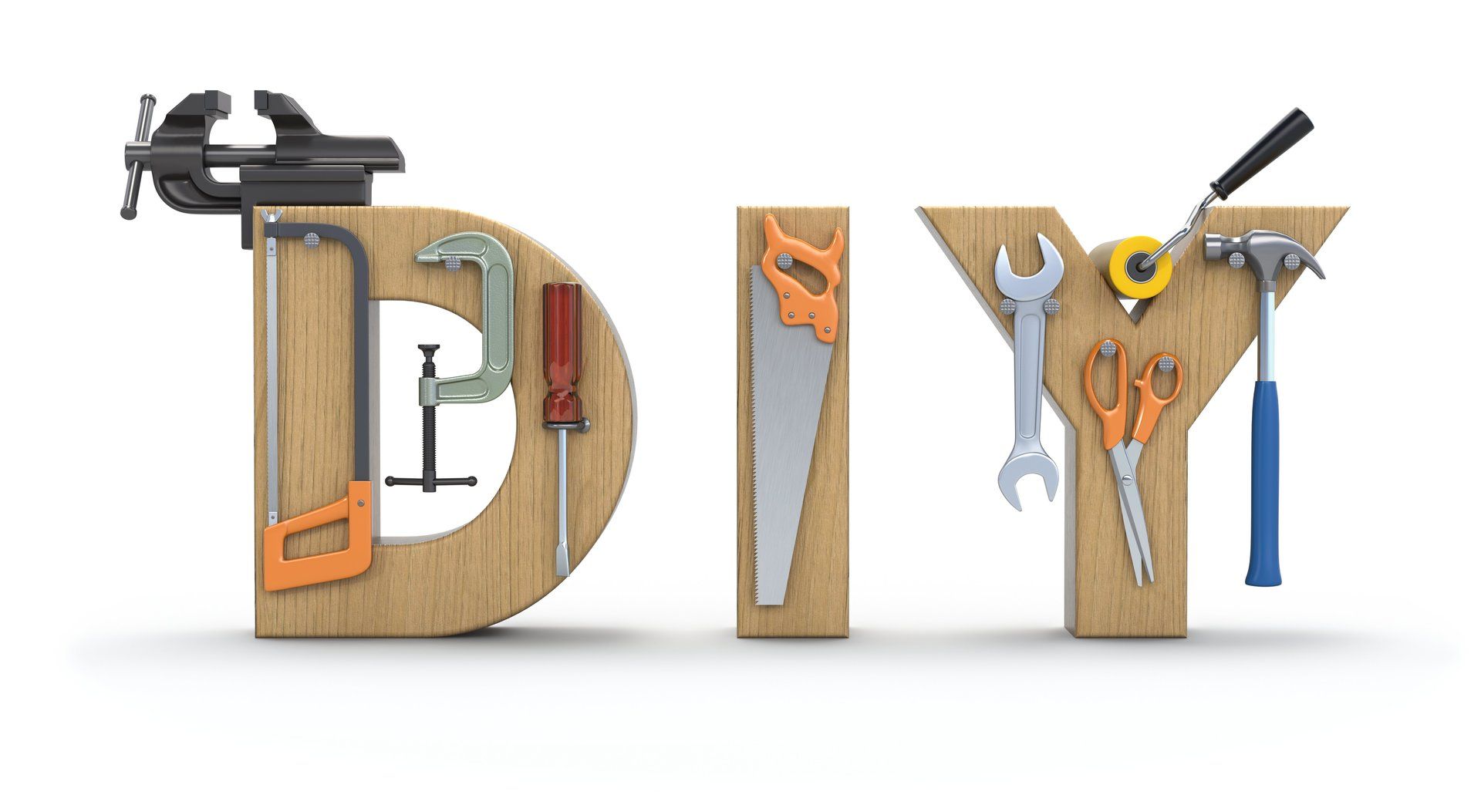 The word diy is made out of wood with tools on it.