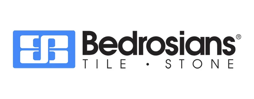 The bedrosians tile and stone logo is blue and black on a white background.