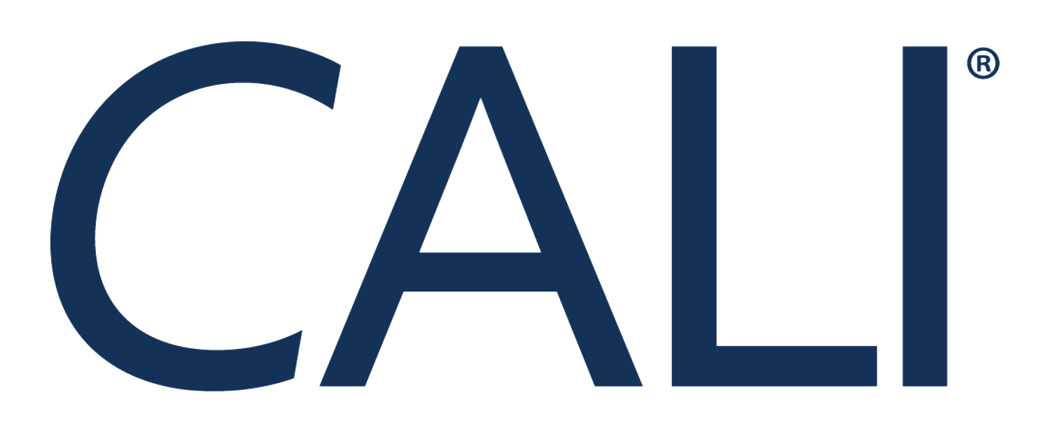 A blue and white logo for cali on a white background.