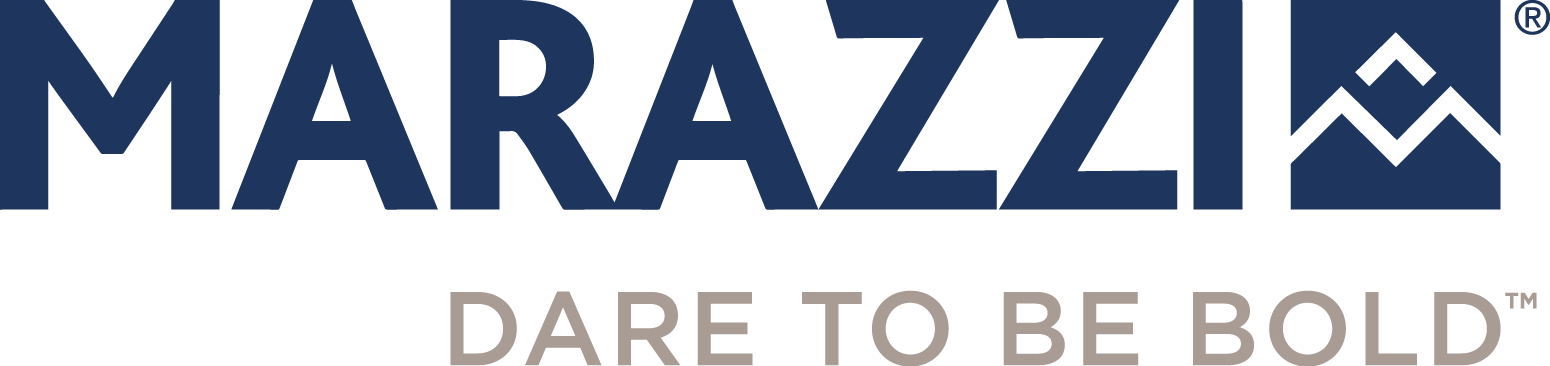 A blue and white logo for marazzi that says dare to be bold