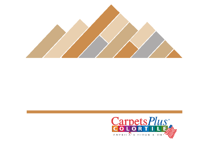 A logo for carpets plus color tile with a mountain in the background