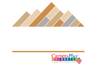 A logo for carpets plus color tile with a mountain in the background