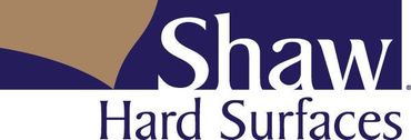 The logo for shaw hard surfaces is blue and brown.