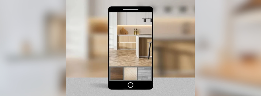 A smart phone is taking a picture of a kitchen.