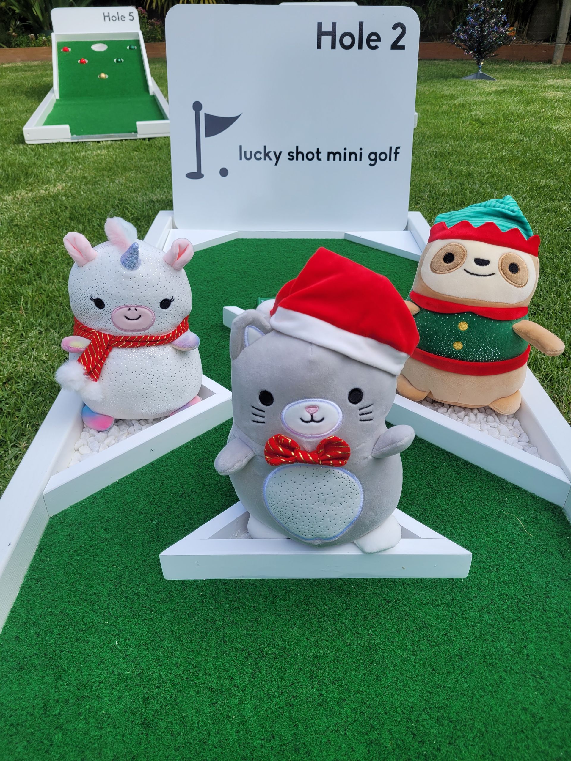 Mini golf course with green turf, white borders, and a decorative fence.