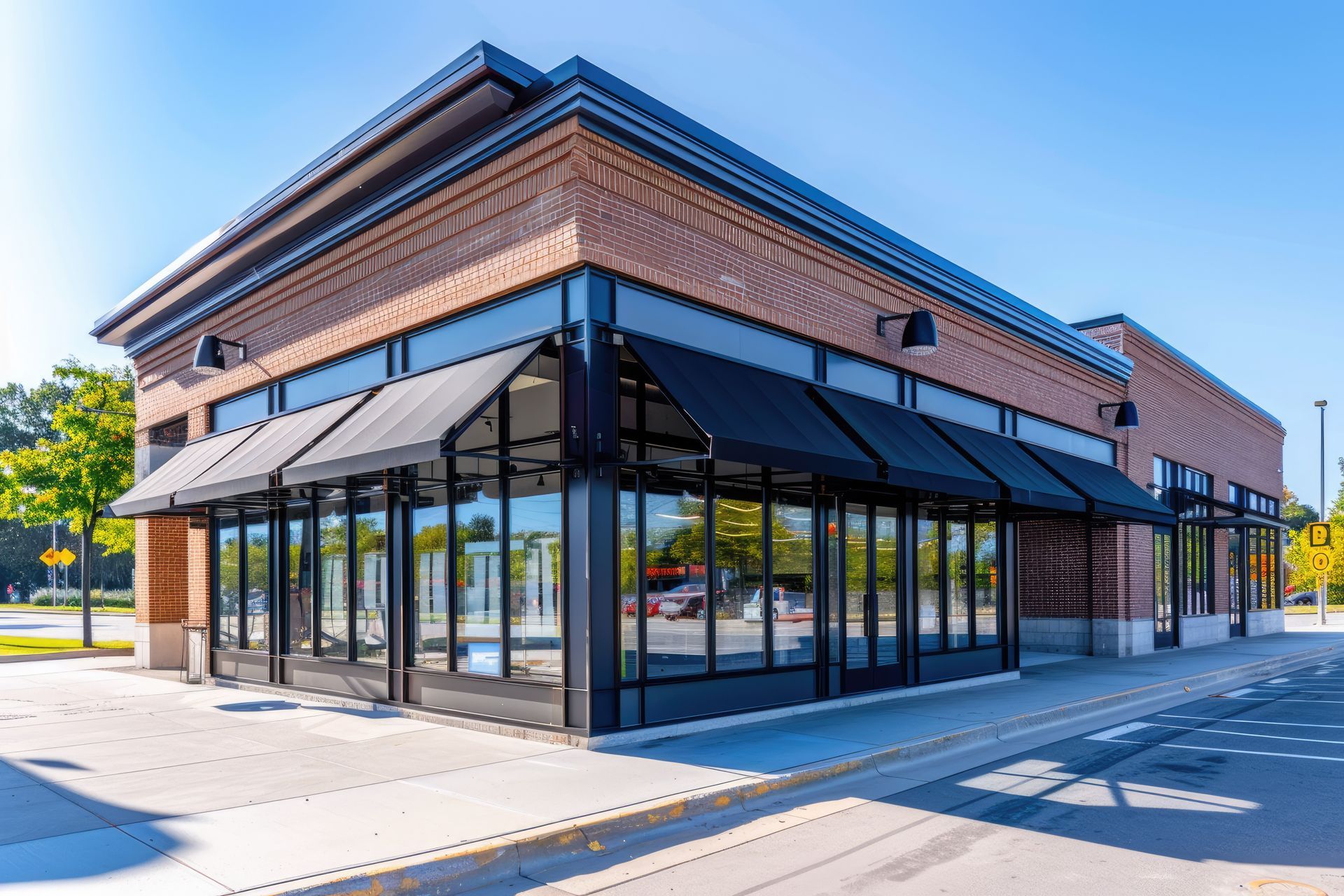 Brick commercial building with black awnings and large windows.