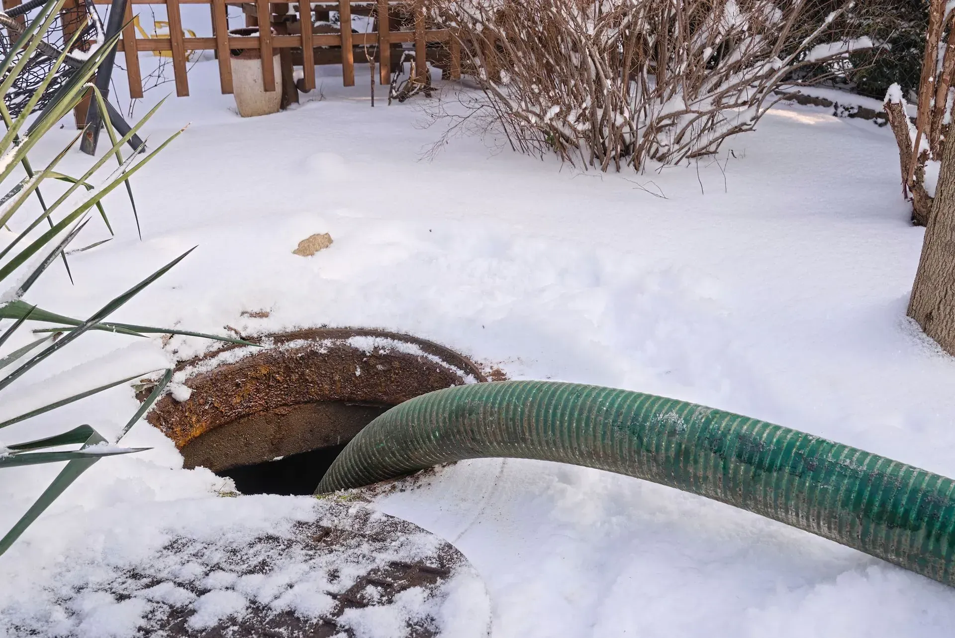 A green hose is connected to a septic tank in the snow