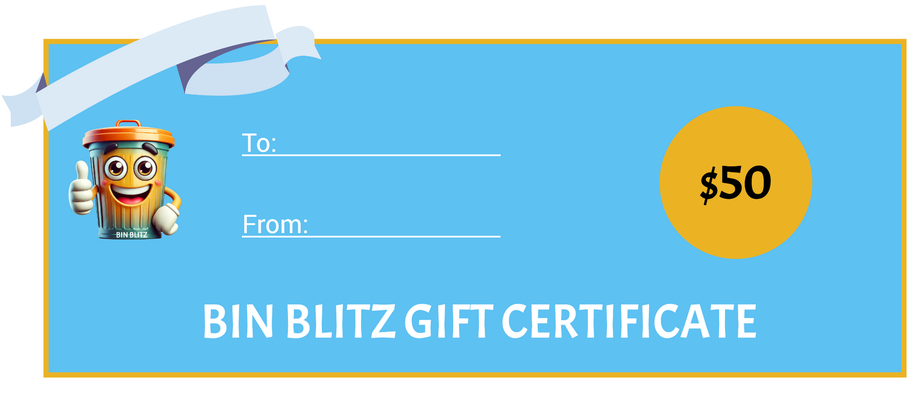 A Bin Blitz gift certificate with a picture of Bin Blitz logo giving a thumbs up