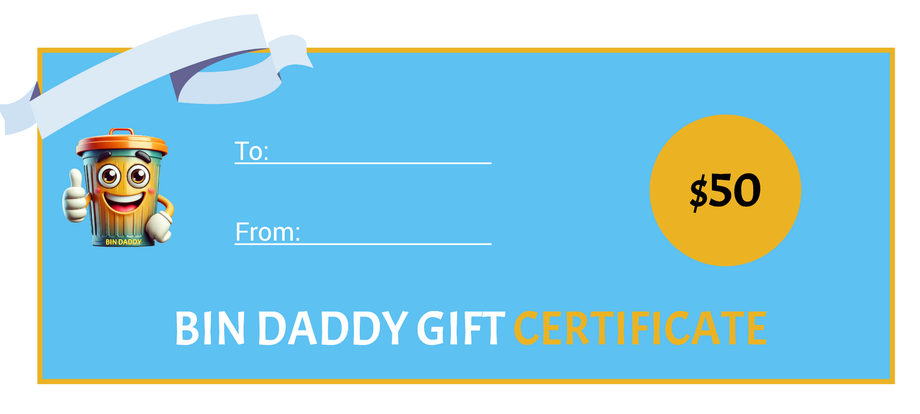 A bin daddy gift certificate with a picture of bin daddy giving a thumbs up