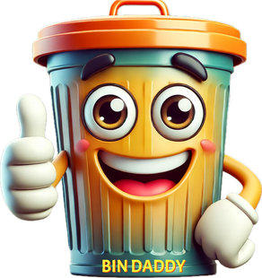 A bin daddy cartoon character is giving a thumbs up