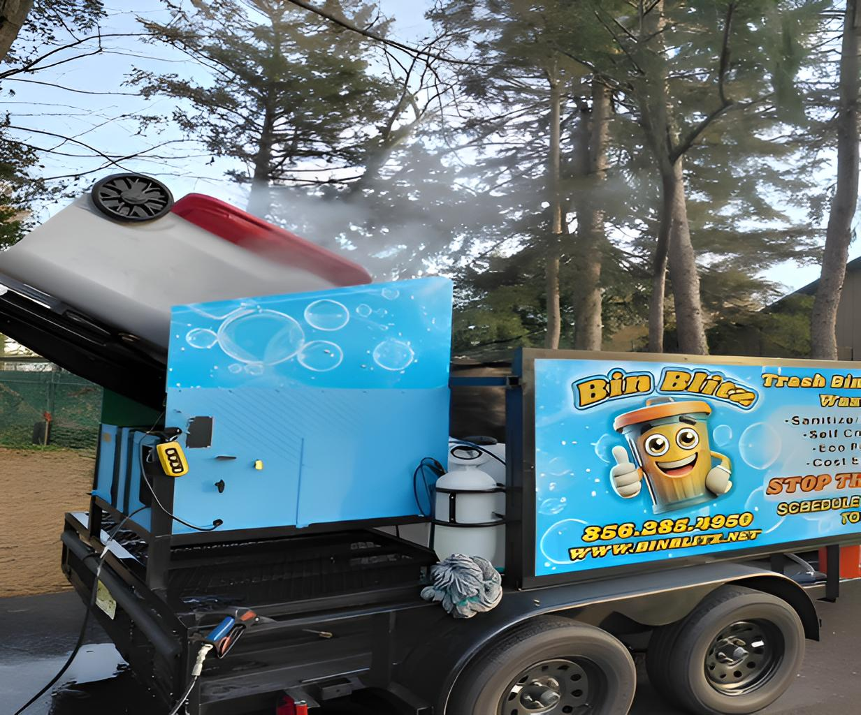 Bin Blitz employee cleaning garbage bin curbside