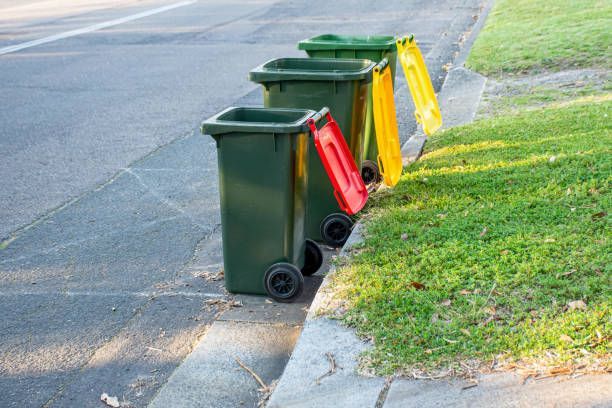 Three trash cans are lined up at the curb