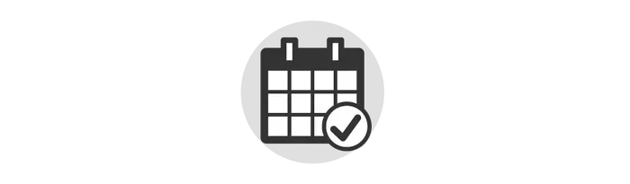 A black and white icon of a calendar with a check mark on it