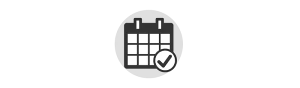 A black and white icon of a calendar with a check mark on it