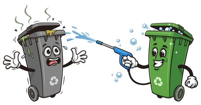 A cartoon illustration of a dirty trash can and a green trash can cleaning each other with a high pressure washer