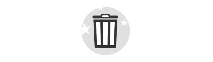 A black and white icon of a trash can in a circle with stars