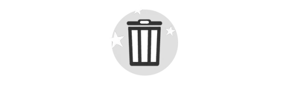 A black and white icon of a trash can in a circle with stars