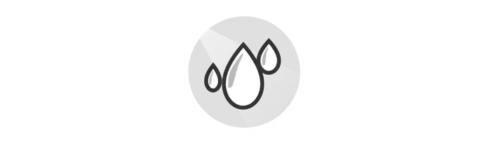 A black and white icon of water drops in a circle on a white background