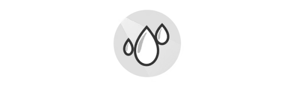 A black and white icon of water drops in a circle on a white background
