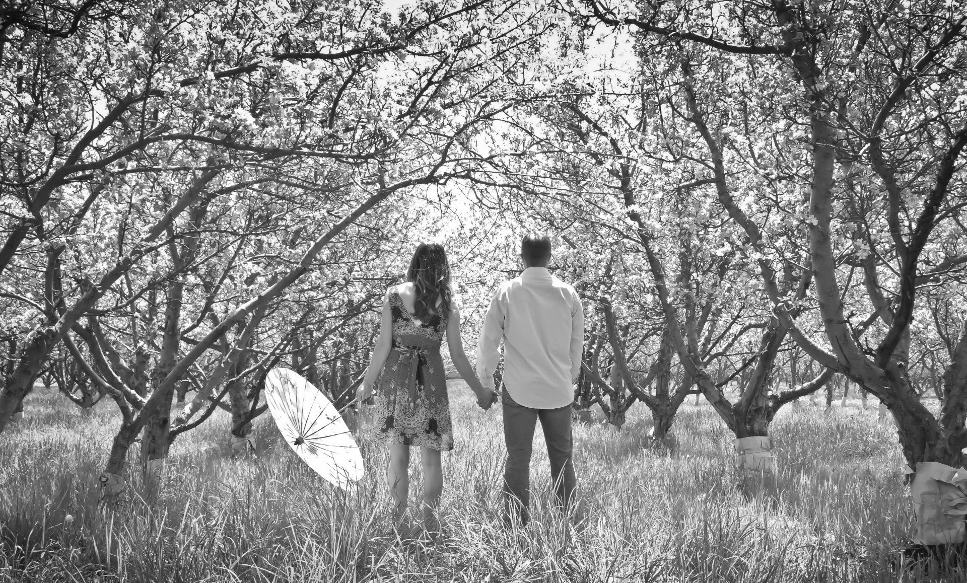 A black and white photo of a man and woman holding hands in a field.