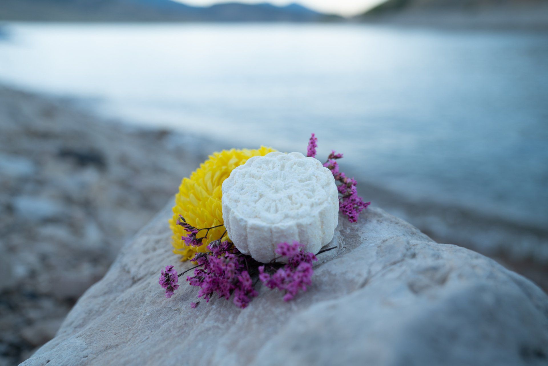 A soap bar is sitting on top of a rock on the beach.