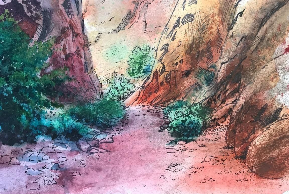 A watercolor painting of a canyon with rocks and trees.