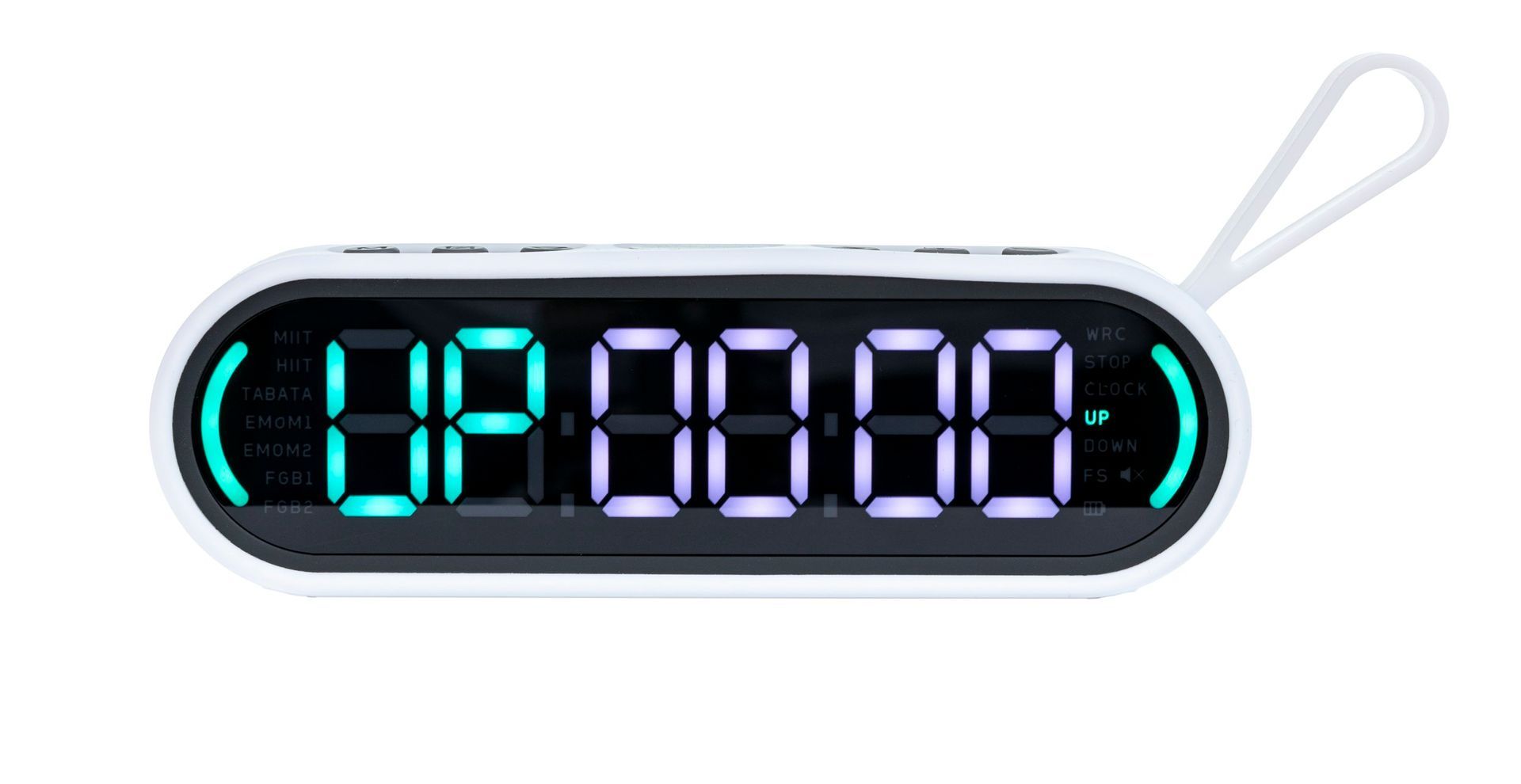 A digital clock with green and white numbers on a white background.