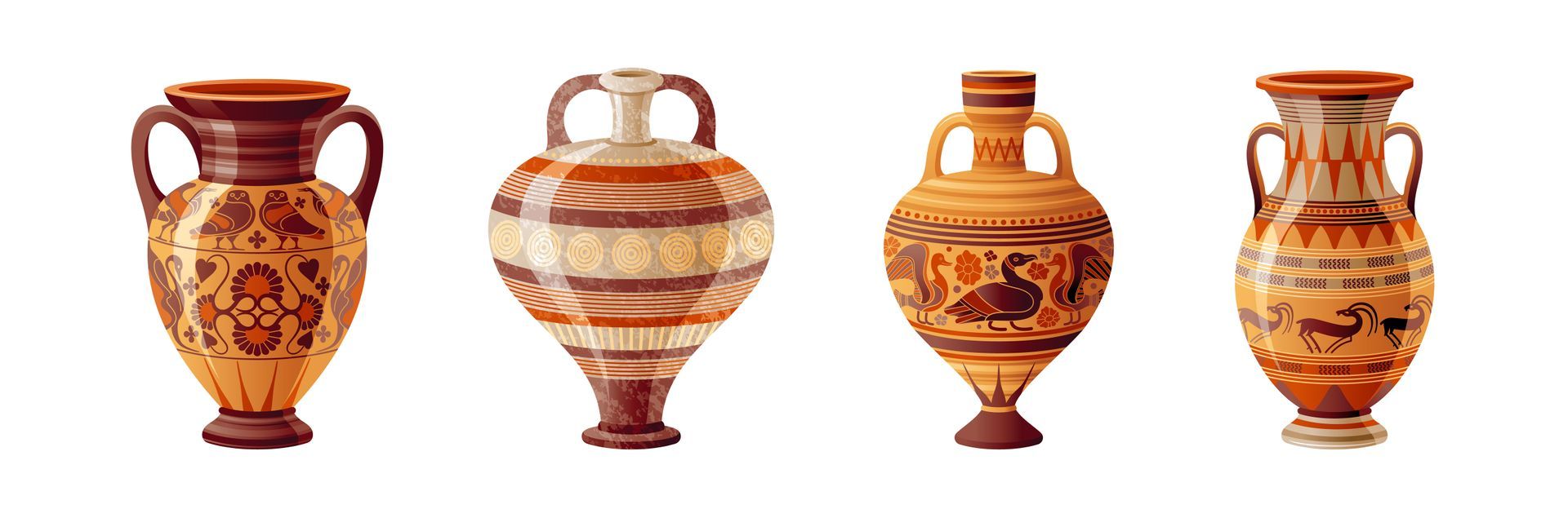 A set of four ancient greek vases on a white background.