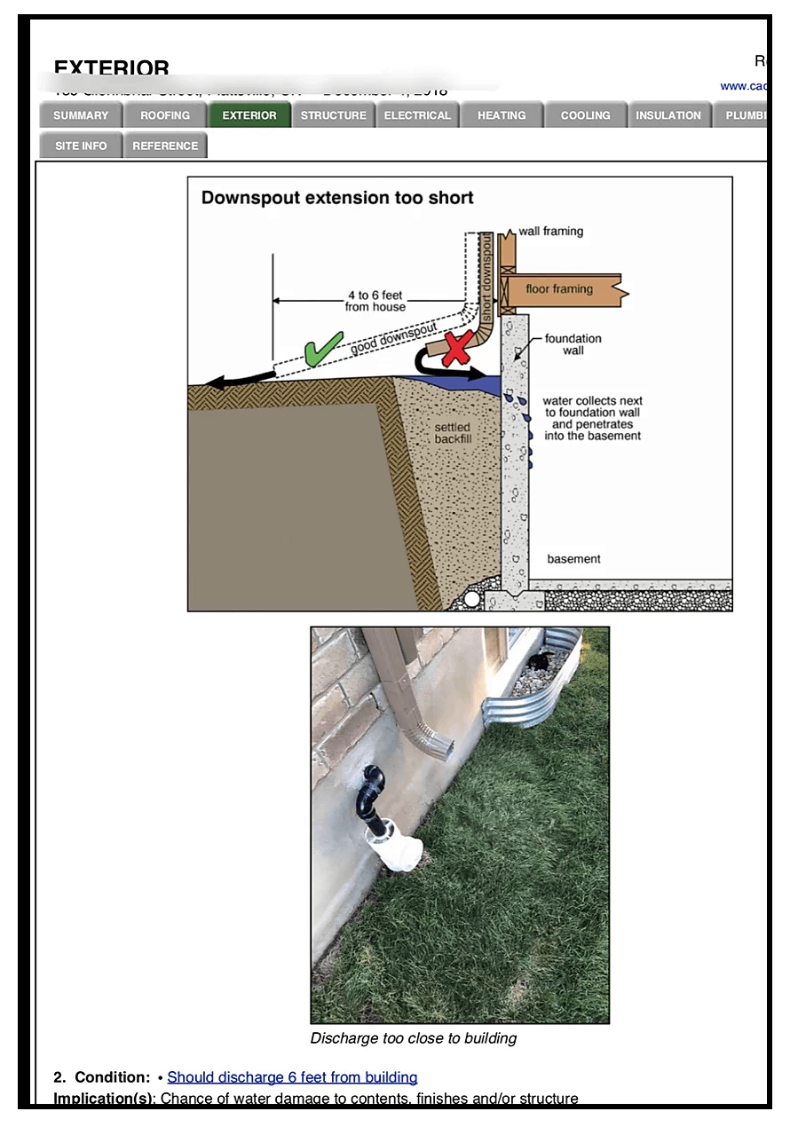 A diagram of a foundation and a picture of a drain on the side of a house.
