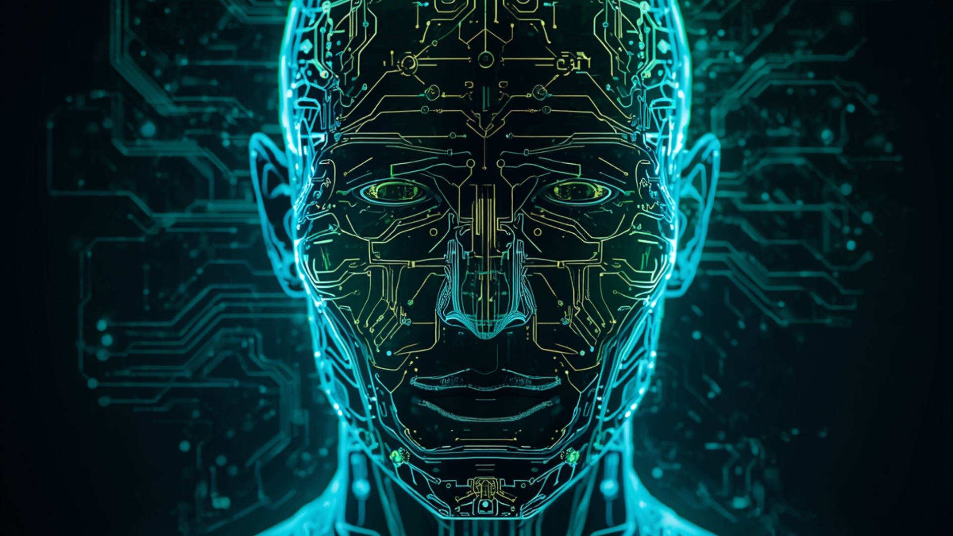 Neon blue digital human face with circuit-like lines on a dark background