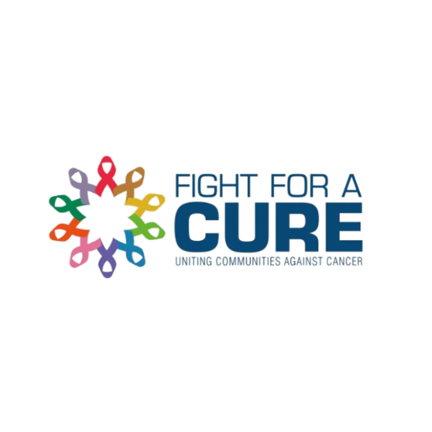 Colorful ribbon circle logo with text “Fight for a Cure” and “Uniting Communities Against Cancer”