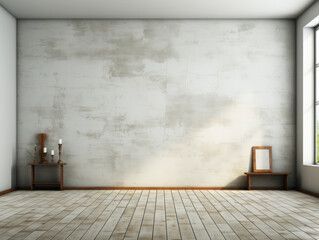 an empty room with a concrete wall and wooden floor .