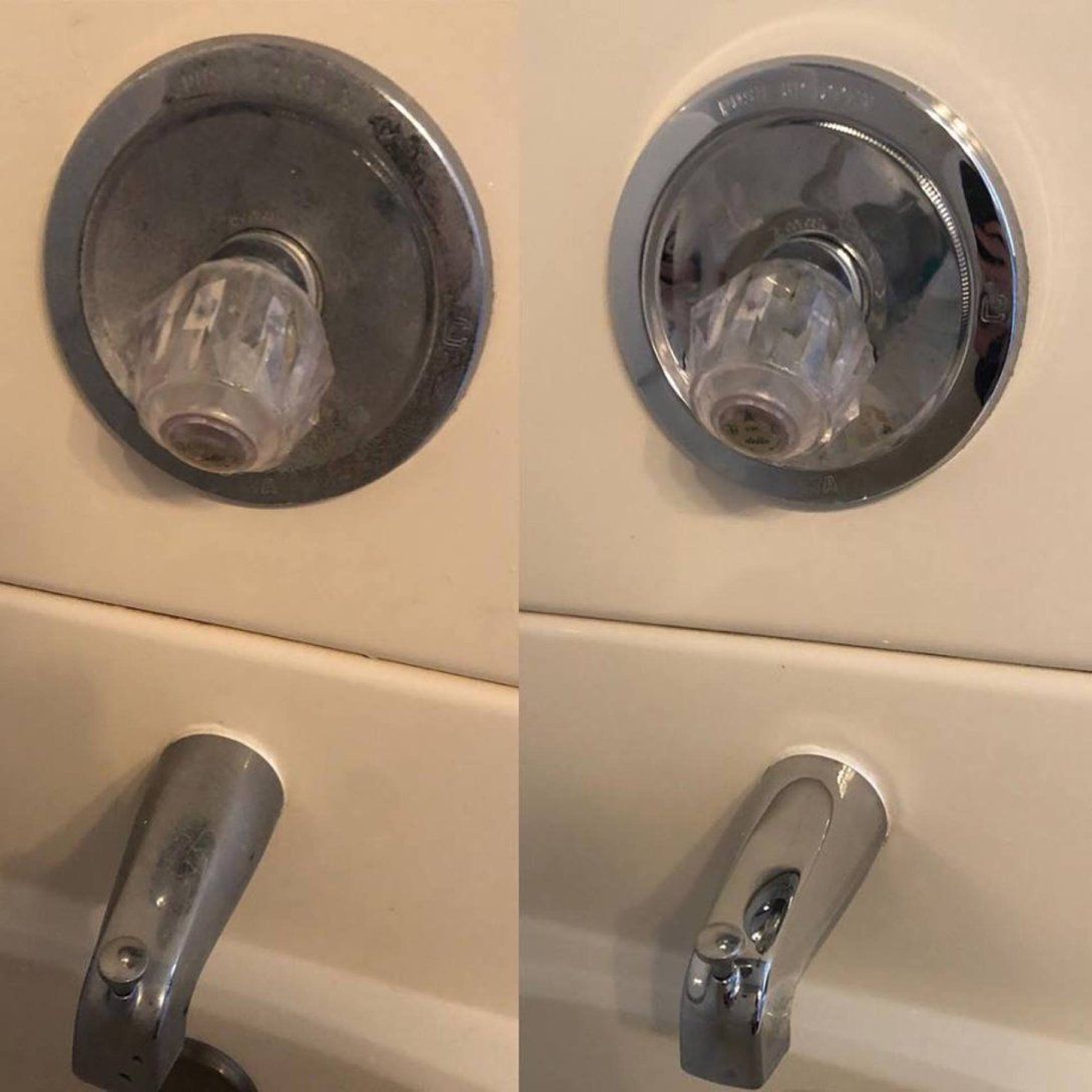 a before and after picture of a bathtub faucet .