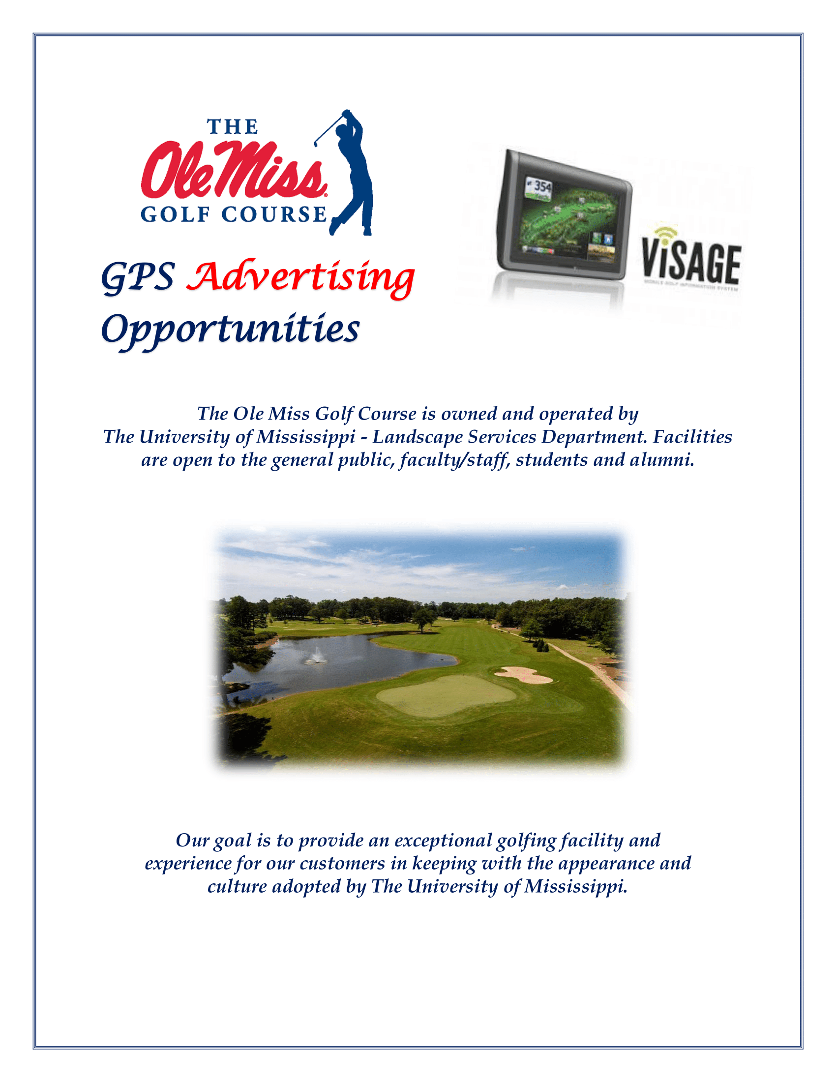 Brochure for Ole Miss Golf Course GPS Advertising. Displays logo, GPS device and golf course image.