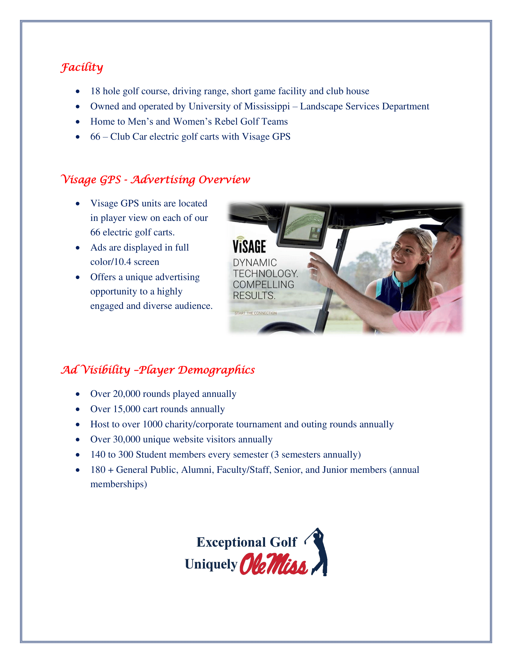 Flyer detailing golf course services with people in a golf cart pointing at a screen. Logo at the bottom.