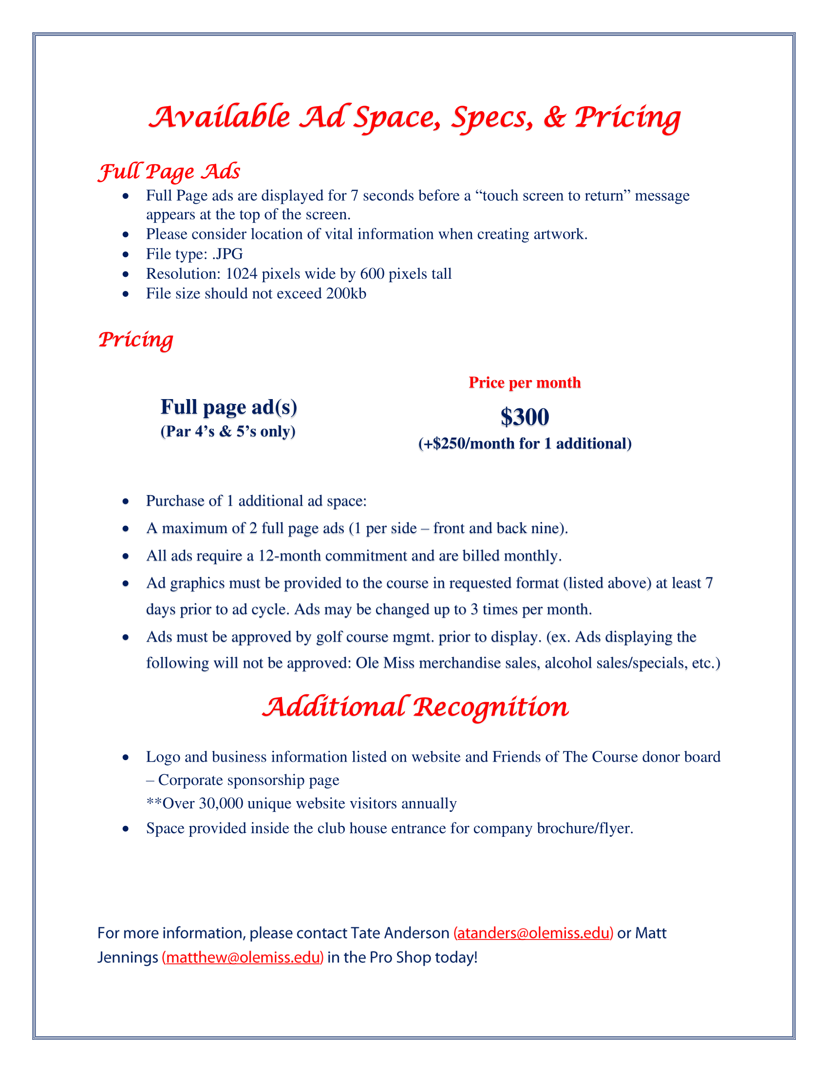 Text document: Advertisement ad space, specs, and pricing. 