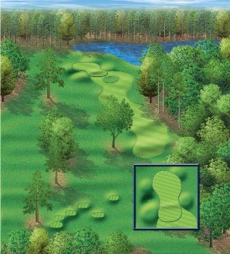Overhead illustration of a golf hole with a green, water, trees, and a footprint-shaped area.